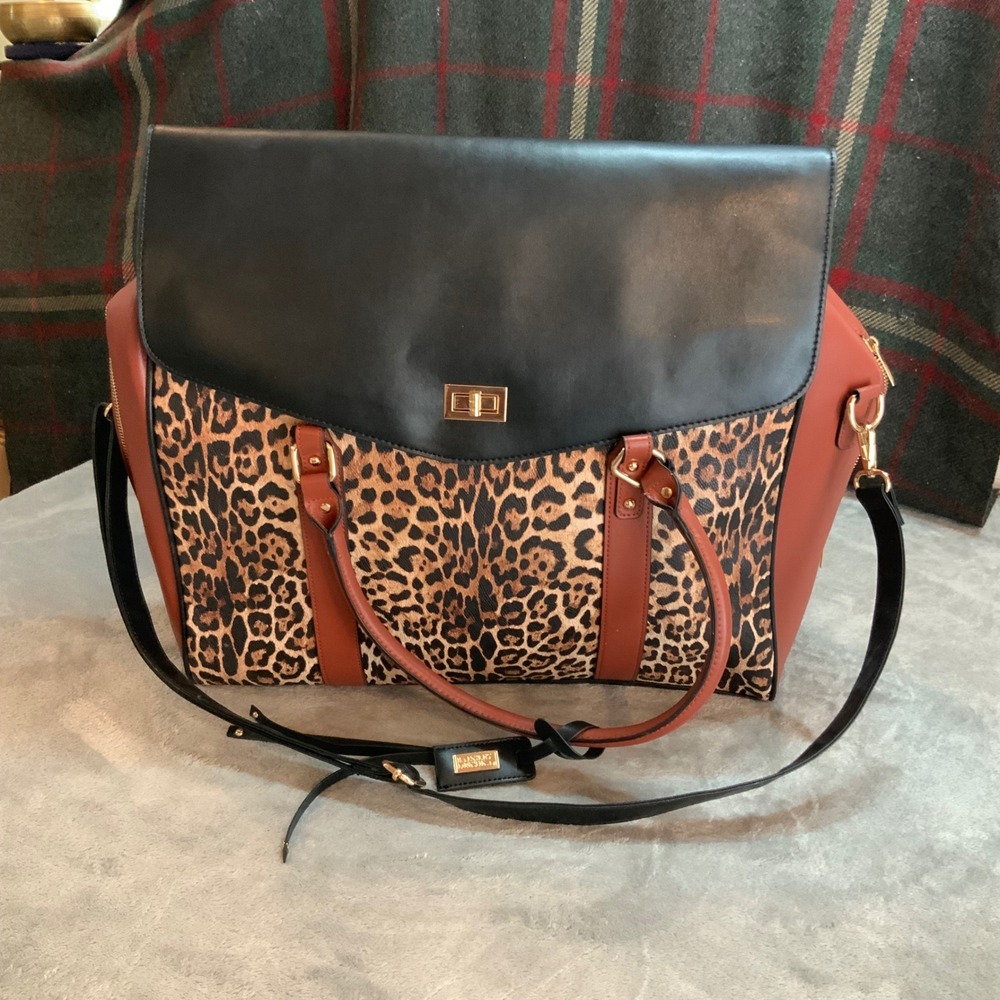 Badgley Mischka Leopard Print Weekender Bag Brown Black Faux Leather Travel Tote